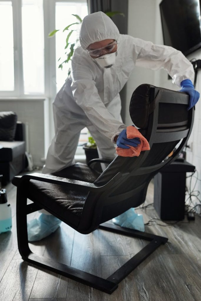 A professional cleaner in protective gear sanitizing a living room chair during the pandemic.